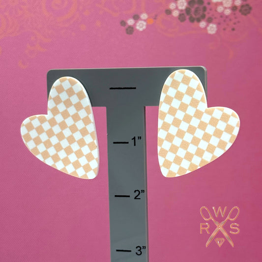 Rose Gold Checkered Heart Statement Studs