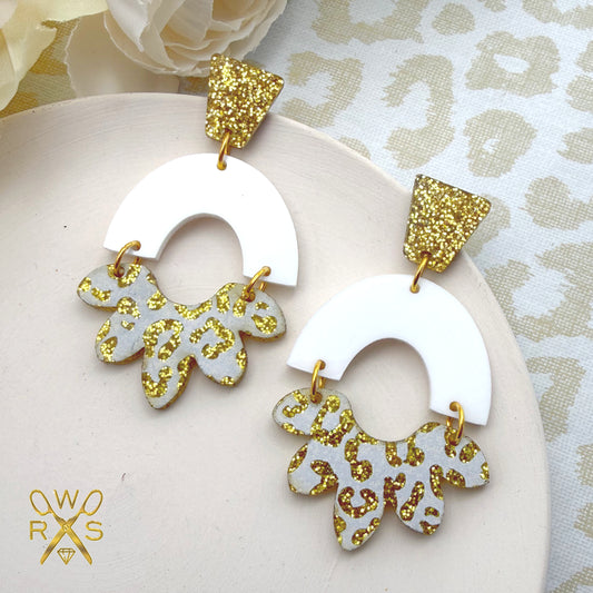 Happy Bloom Dangles in White and Gold Leopard