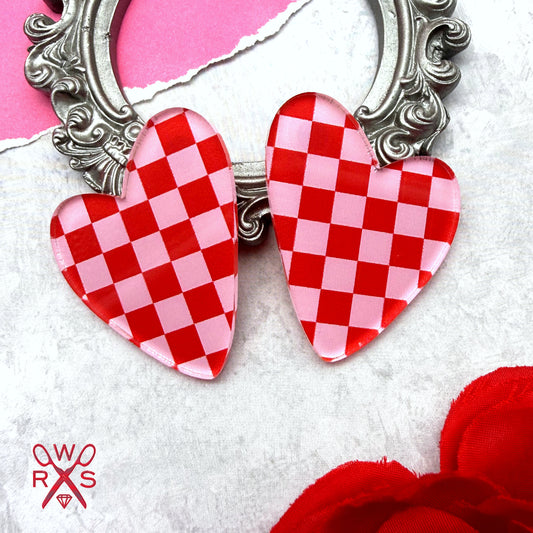 Heart Statement Studs in Pink and Red Checkered