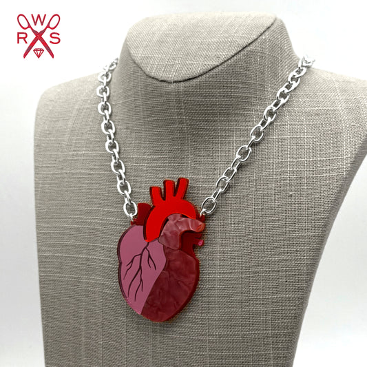 Pulse Perfect Anatomical Heart Necklace in Red and Pink