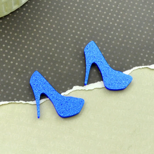 2 BLUE GLITTER HEELS - Flat Back Cabochons In Laser Cut Acrylic