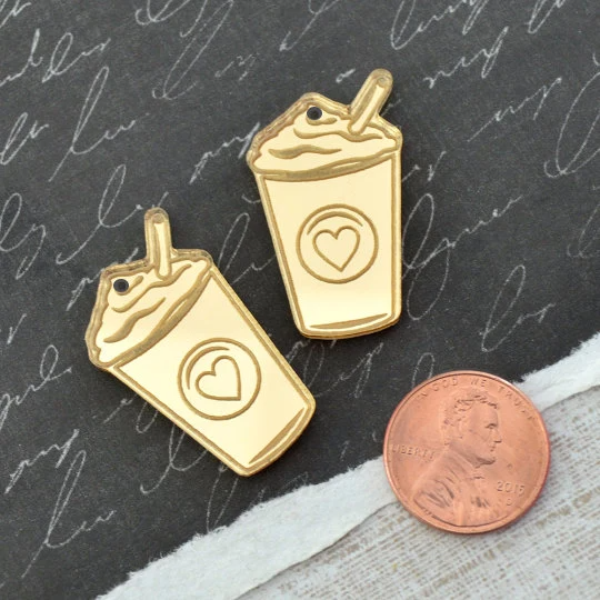 2 Gold Mirror Latte Coffee Charms in Laser Cut Acrylic