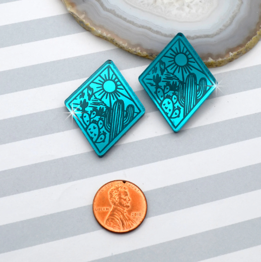 DESERT LOVE Cactus Sunset Diamond Cabochons Teal Mirror Laser Cut Acrylic Cabs Set of 2 Flatbacks