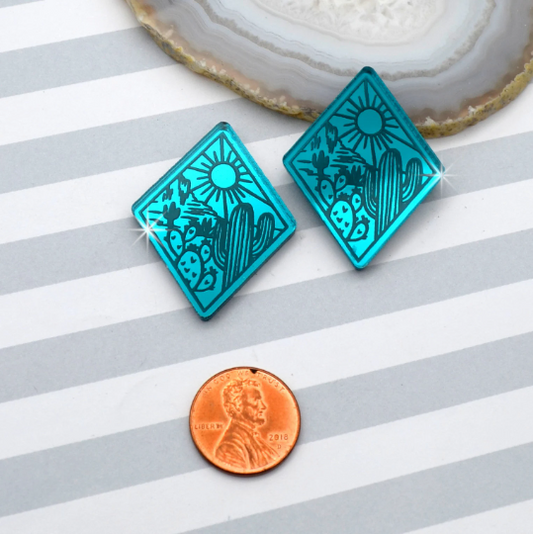 DESERT LOVE Cactus Sunset Diamond Cabochons Teal Mirror Laser Cut Acrylic Cabs Set of 2 Flatbacks