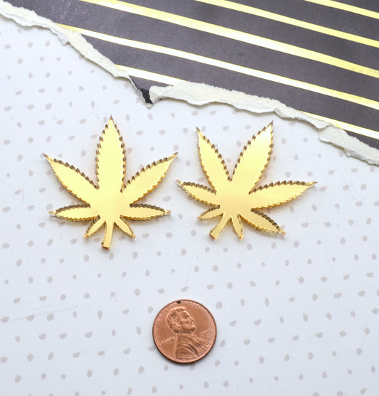 GOLD MARIJUANA LEAVES - 2 Gold Mirror Cabochons - Acrylic Flat Back Cabs
