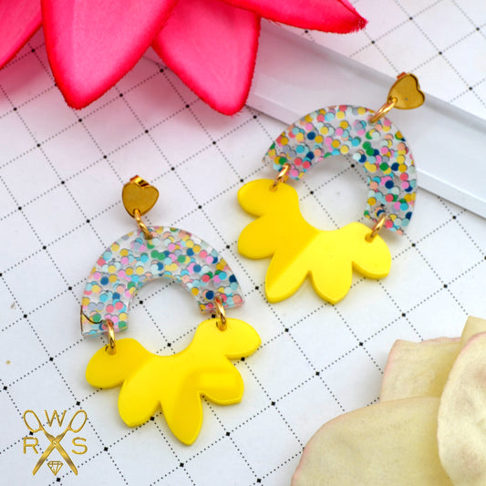 HAPPY BLOOM DANGLES in Bright Yellow and Sprinkle Confetti Laser Cut Acrylic Post Earrings