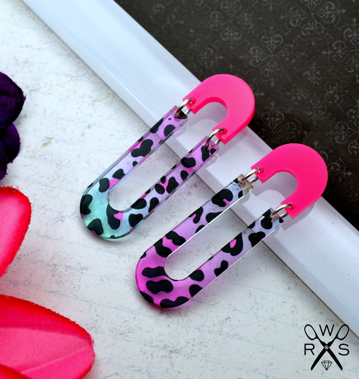 Happy Hour Dangles in Rainbow Leopard Laser Cut Acrylic Earrings