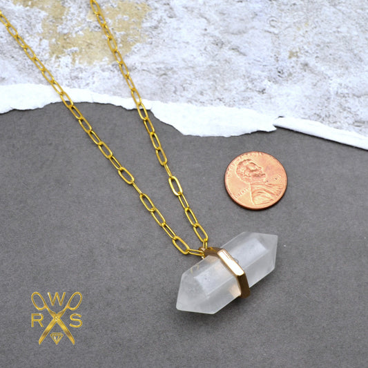 Hexagon Double Point Quartz - Paperclip Chain - Necklace