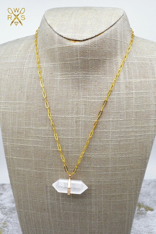 Hexagon Double Point Quartz - Paperclip Chain - Necklace
