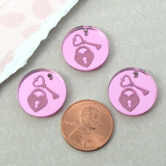 LOCK AND KEY- Circle Disc Charm- Shiny Pink Mirror Laser Cut Acrylic