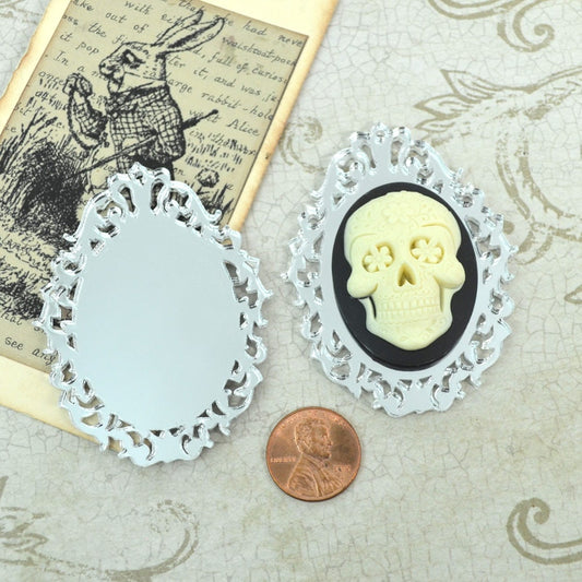 SILVER MIRROR CAMEOS Filigree 30 x 40 mm Ornate Oval Settings Laser Cut Acrylic