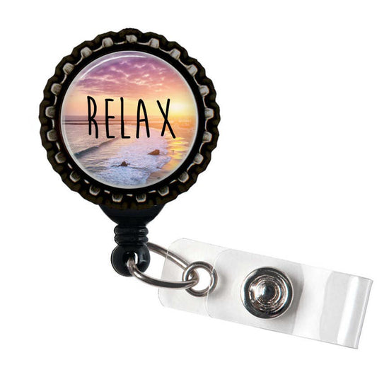RELAX Beach Sunset Black Retractable Badge Reel ID Holder