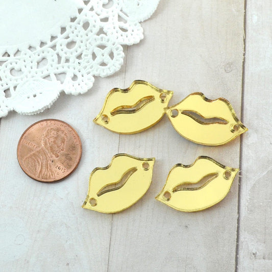 GOLD MIRROR LIPS - 4 Charms - 2 Hole - In Laser Cut Acrylic