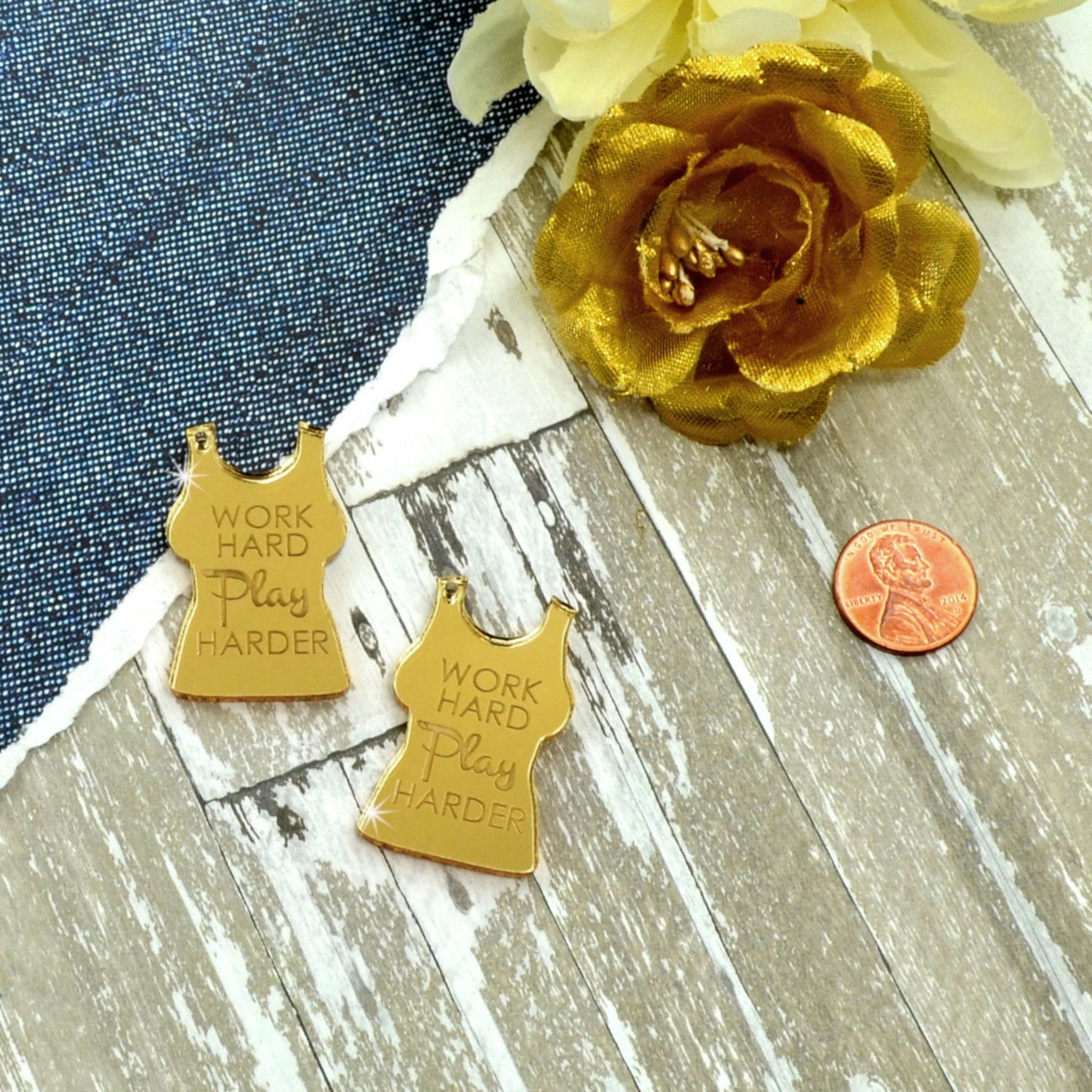 Work Hard Play Harder 2 Gold Mirrored Acrylic Shirt Charms