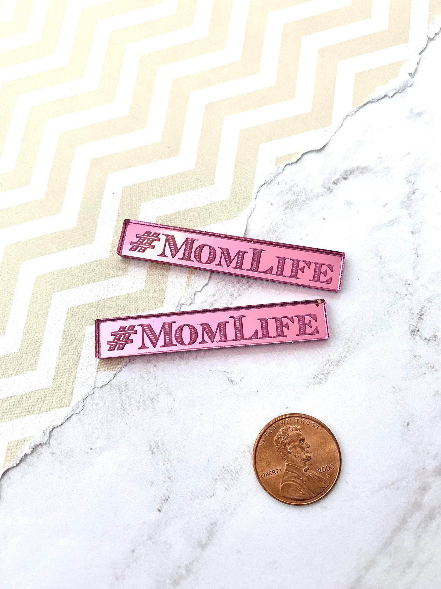 MOM LIFE 2 Horizontal Pink Mirror Cabochons Laser Cut Acrylic Cab