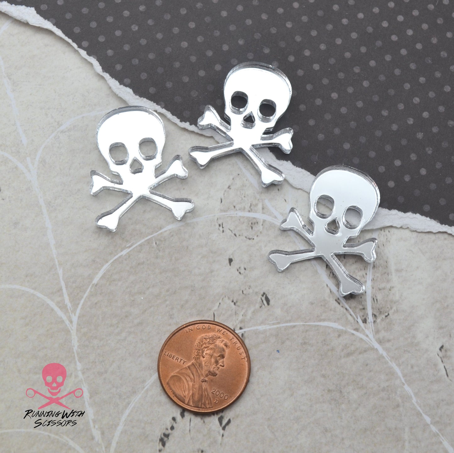 SKULL AND CROSSBONES Silver Mirror Flat Back Cabochons in Laser Cut Acrylic