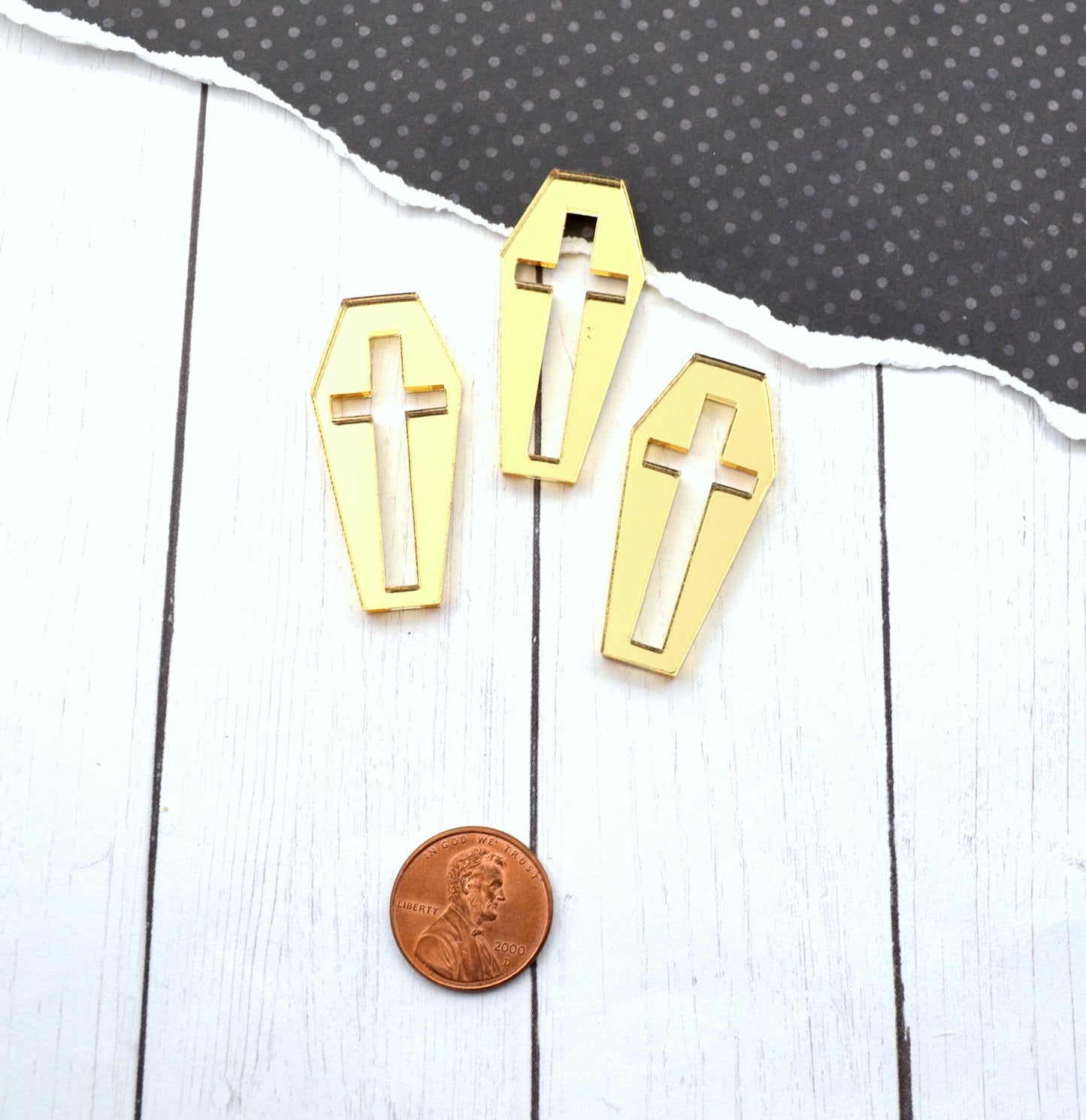 GOLD CROSS COFFINS 3 Pieces Gold Mirror Laser Cut Acrylic Cabochons
