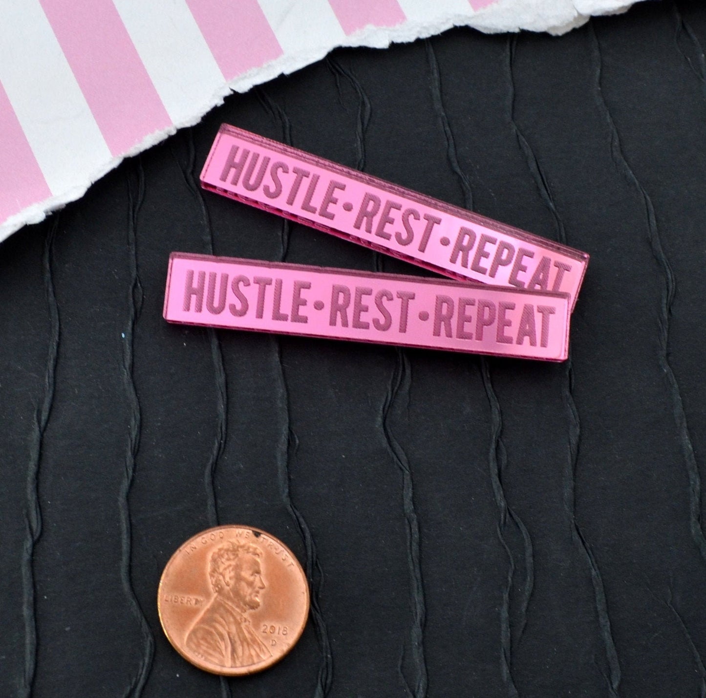 HUSTLE REST REPEAT 2 Pink Mirror Cabochons Laser Cut Acrylic Cab