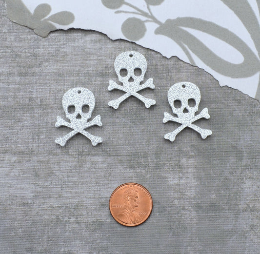 3 SKULL CHARMS Silver Glitter Laser Cut Acrylic