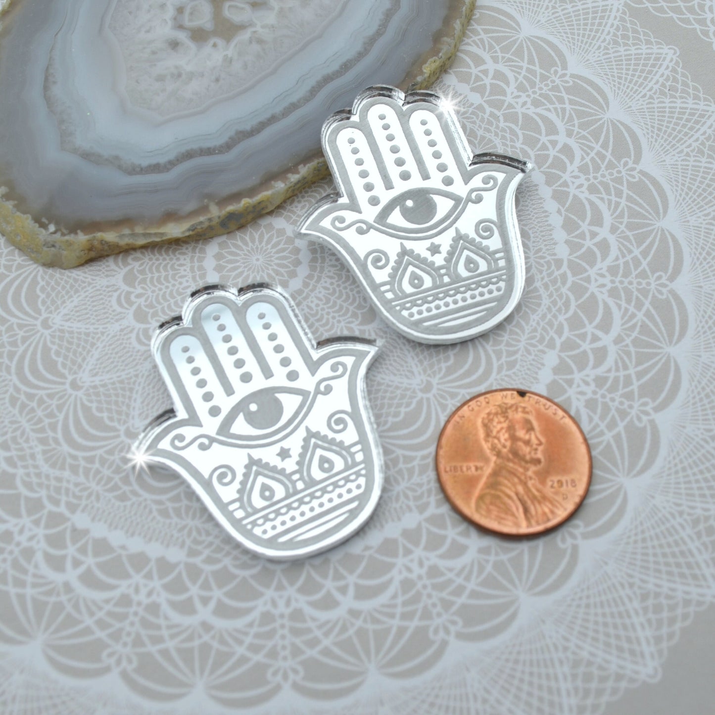 HAMSA HAND CABS Silver Mirror Laser Cut Acrylic Cabs Set of 2 Flatback Cabochons