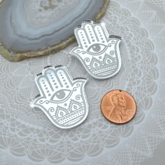 HAMSA HAND CABS Silver Mirror Laser Cut Acrylic Cabs Set of 2 Flatback Cabochons