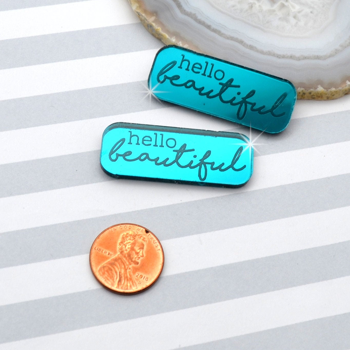 HELLO BEAUTIFUL Teal Mirror Laser Cut Acrylic Cabs Set of 2 Flatback Cabochons