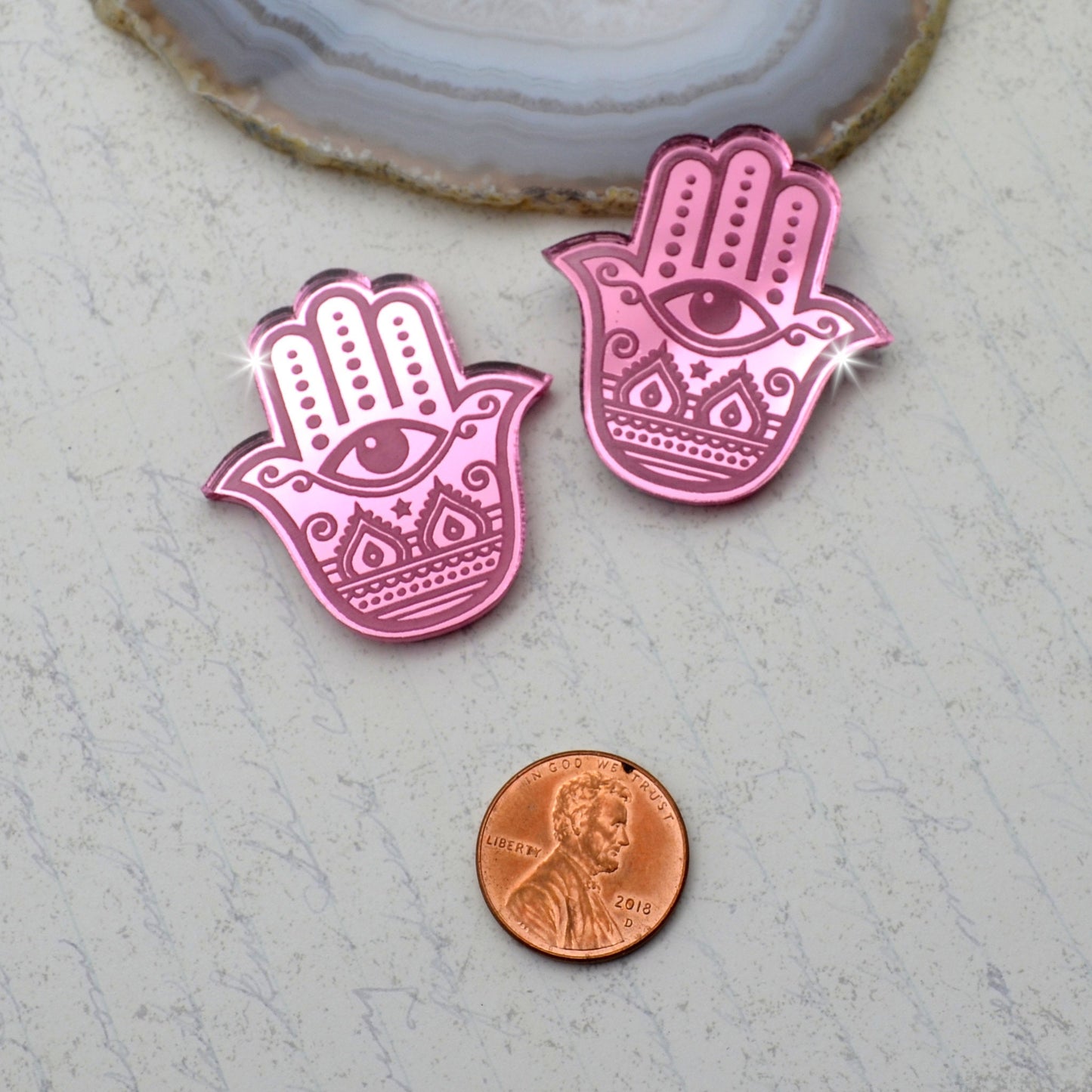 HAMSA HAND CABS Pink Mirror Laser Cut Acrylic Cabs Set of 2 Flatback Cabochons