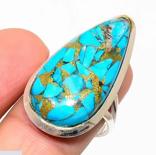 Copper Turquoise Sterling Silver Ring, Size 8.5, 925, USA Seller, Genuine Stone, Teardrop Shape, Handmade Gemstone Ring