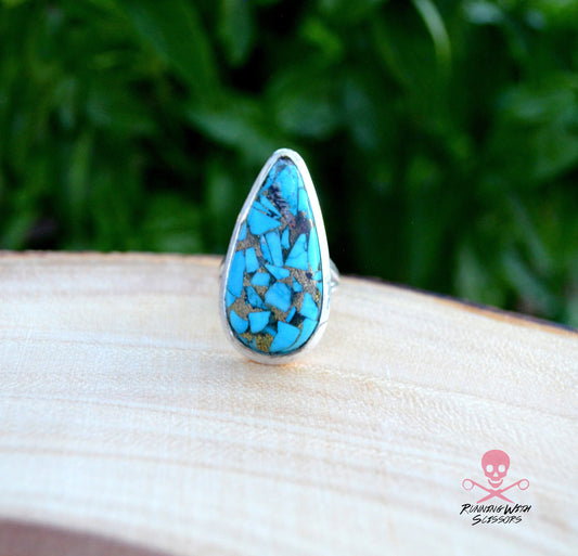 Copper Turquoise Sterling Silver Ring, Size 8.5, 925, USA Seller, Genuine Stone, Teardrop Shape, Handmade Gemstone Ring