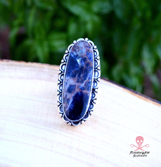 Sodalite Sterling Silver Ring, Size 8.5, 925, USA Seller, Genuine Stone, Oblong Oval Shape, Handmade Gemstone Ring