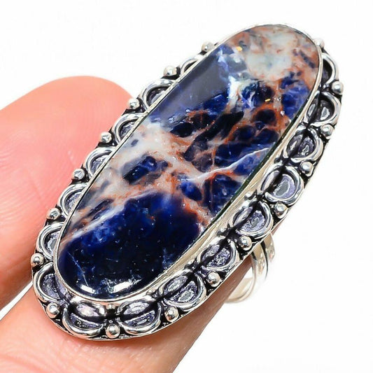 Sodalite Sterling Silver Ring, Size 8.5, 925, USA Seller, Genuine Stone, Oblong Oval Shape, Handmade Gemstone Ring