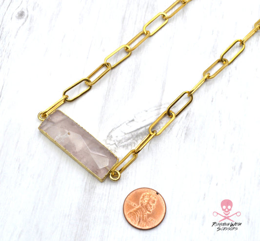 Rose Quartz Paperclip Necklace - Rose Quartz Bar Necklace