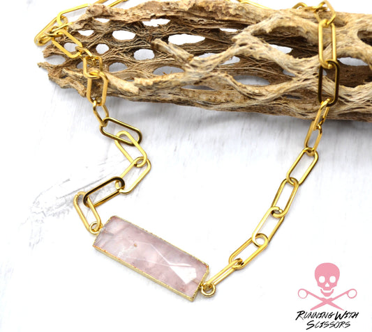 Rose Quartz Paperclip Necklace - Rose Quartz Bar Necklace