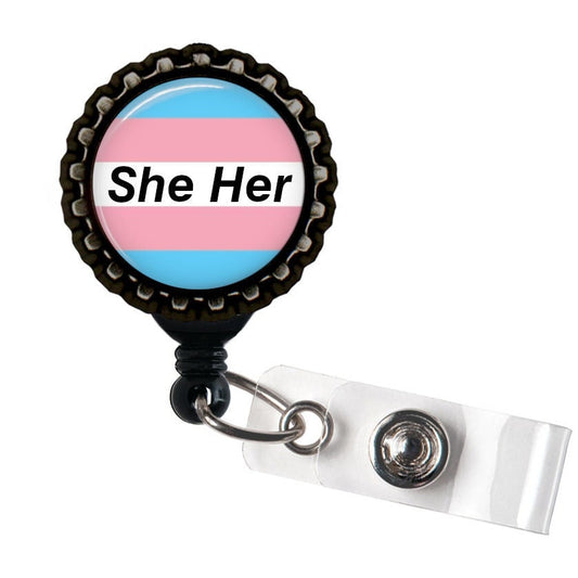 She Her Preferred Pronouns Black Retractable Badge Reel ID Holder