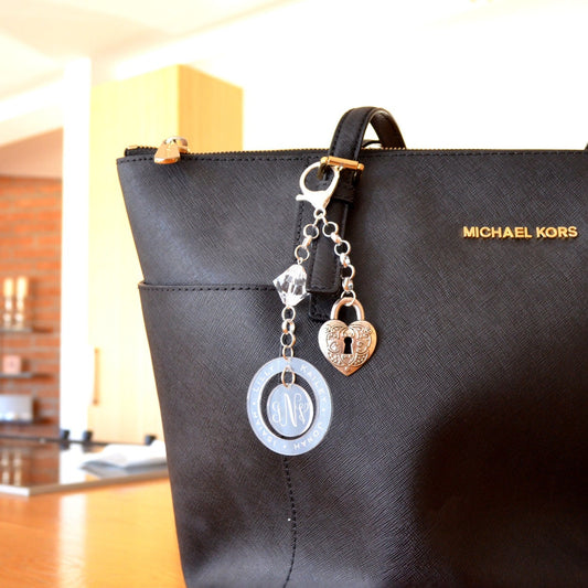 Family Name Purse Charm Custom Engraved Silver Colored Key Chain