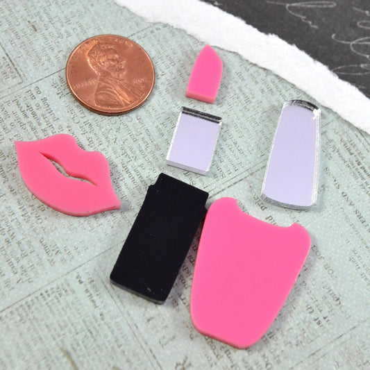 BUBBLEGUM BABE Cab Lot Pink and Black Laser Cut Acrylic Nail Polish and Lipstick Cabochon Set