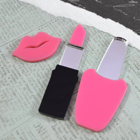 BUBBLEGUM BABE Cab Lot Pink and Black Laser Cut Acrylic Nail Polish and Lipstick Cabochon Set