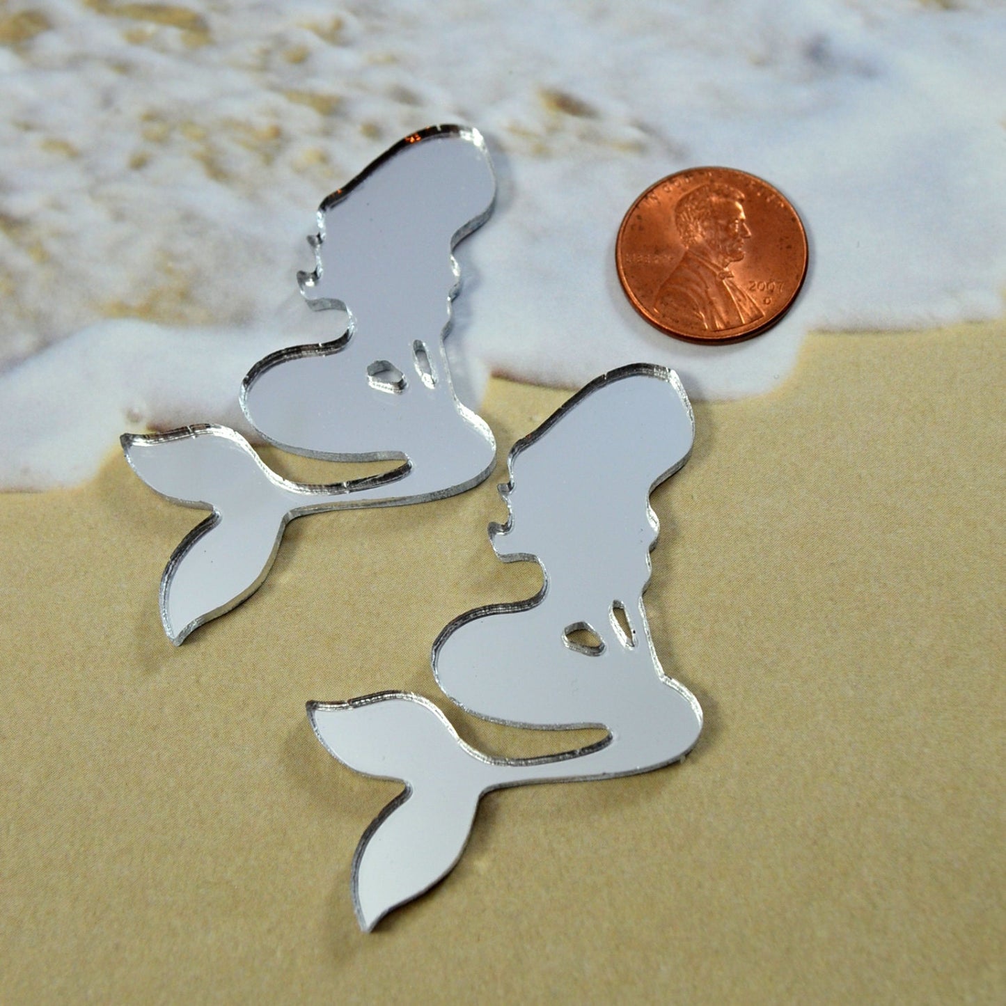 2 SILVER MIRROR MERMAIDS Set of 2 Laser Cut Acrylic Flat Back Cabochons