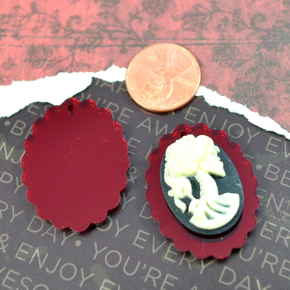 2 RED MIRROR CAMEOS 18x25 mm Frame Settings Laser Cut Acrylic