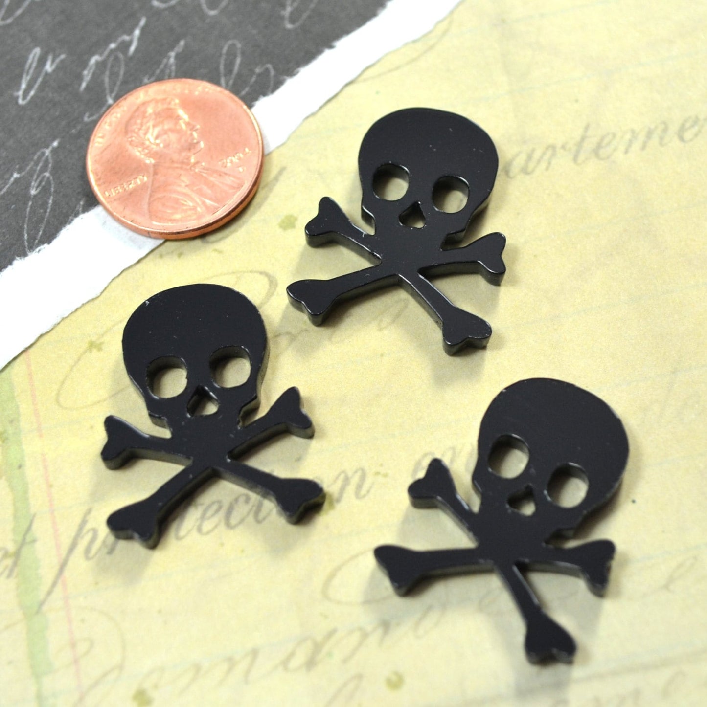 3 SKULL and CROSSBONES Flat Back Cabochons in BLACK Laser Cut Acrylic