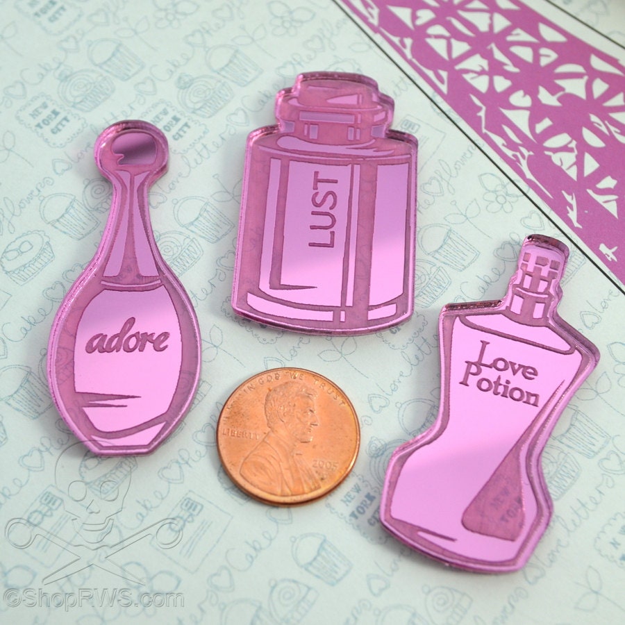 ASSORTED PINK PERFUMES Flat Back Cabochons in Pink Mirror Laser Cut Acrylic