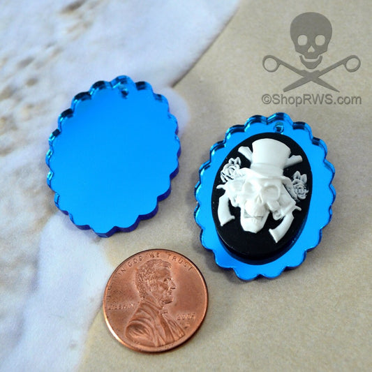 2 BLUE MIRROR CAMEOS 18 X 25 mm Frame Settings Laser Cut Acrylic