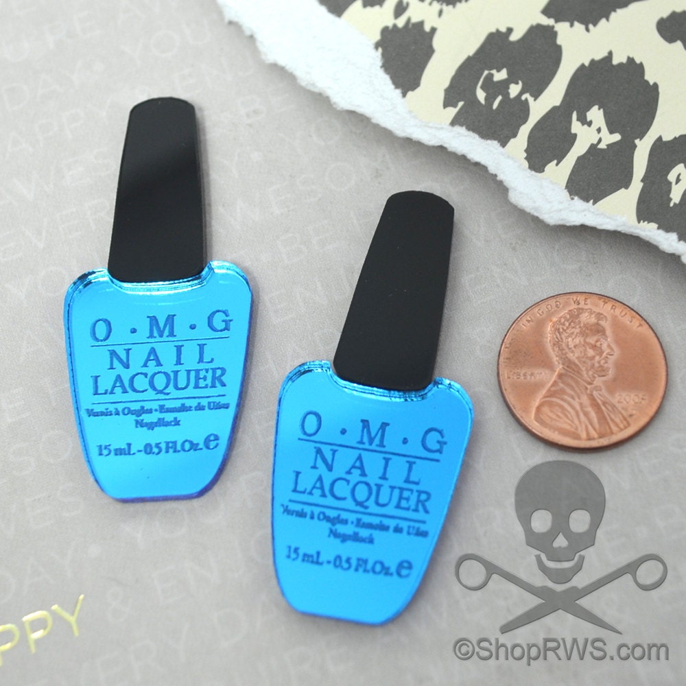 BLUE OMG Nail Polish Cabs Set of 2 Blue Mirror and Black Laser Cut Acrylic Cabochons