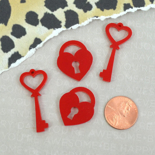 RED LOCK and KEY Cabochons Laser Cut Acrylic 4 Pieces Flat Back Cabs