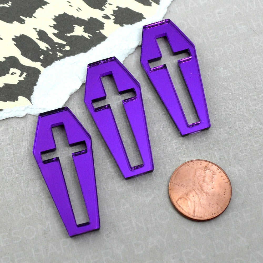 PURPLE CROSS COFFINS 3 Flat Back Pieces Purple Mirror Laser Cut Acrylic Cabochons