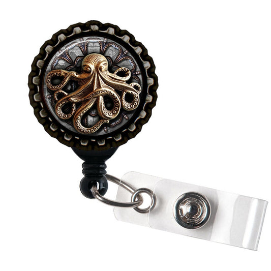Steampunk Octopus Black Retractable Badge Reel ID Holder