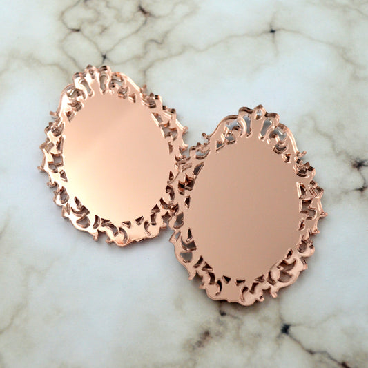 ROSE GOLD CAMEOS Mirrored Filigree 30 x 40 mm Ornate Oval Settings Laser Cut Acrylic