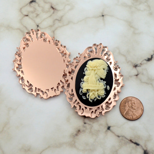 ROSE GOLD CAMEOS Mirrored Filigree 30 x 40 mm Ornate Oval Settings Laser Cut Acrylic