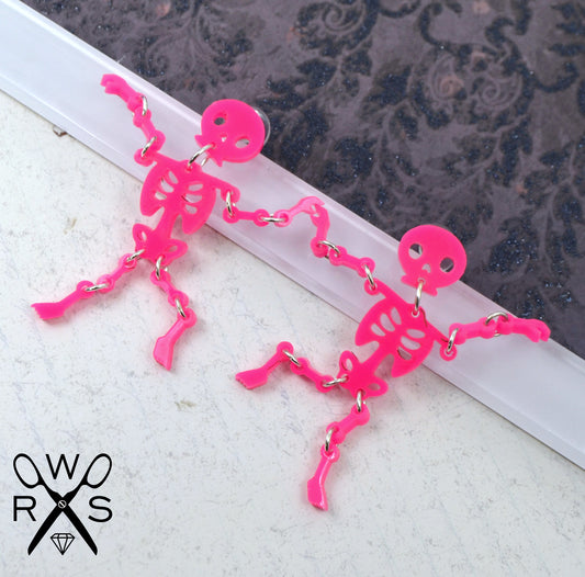 SALE Life of the Party Articulated Skeleton Dangles in Pink - Laser Cut Acrylic Earrings