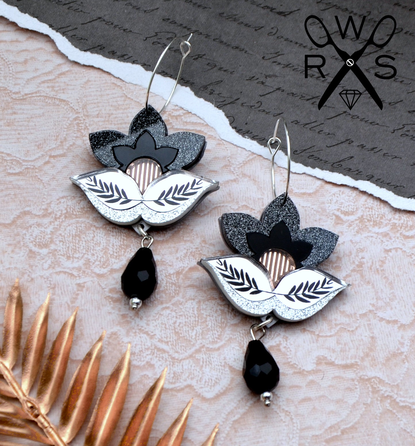 Blooming Lotus Hoop Earrings in Black and Silver - Laser Cut Acrylic